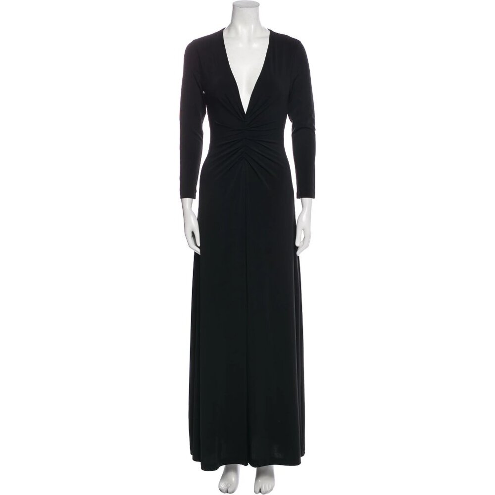 Halston Plunge V-Neck Ruched Jersey Gown in Black